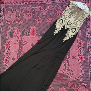 Cinderella Black Maxi Dress with Ivory Lace Appliqué